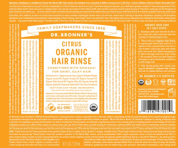 Dr. Bronner Fair Trade & Organic Conditioning Rinse - Citrus Orange, 8 onças