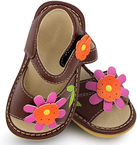 Little Mae's Boutique Mary Jane Two Flower e Gleeful Sandals Sandals para meninas para crianças, sandálias andando com Squeaker removível e cinta ajustável - Sandálias macias para meninas