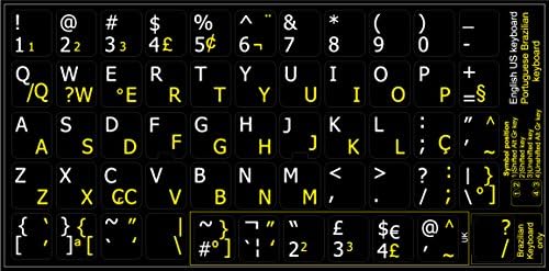 4Keyboard Brasileiro português - Etiquetas de teclado não transparentes inglesas em fundo preto para desktop, laptop