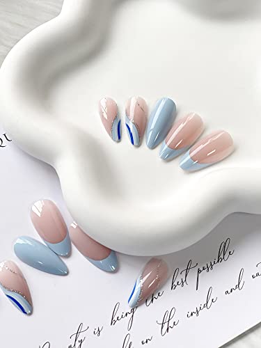 Pressione as unhas de unhas médias azuis falsas unhas de capa completa unhas falsas com desenhos de redemo
