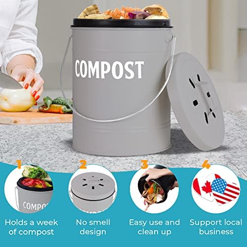 Balde de composto para balcão de cozinha por Saratoga Home - tamanho da família de bancada de bancada de metal de tamanho familiar para restos de cozinha e desperdício de alimentos, inclui 3 filtros de carvão, 1,3 gal/5l, cinza