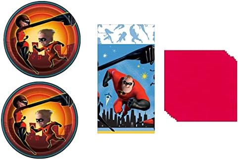 The Incredibles Birthday Party Supplies Bundle Pack para 16 inclui pratos, guardanapos, tampa da mesa