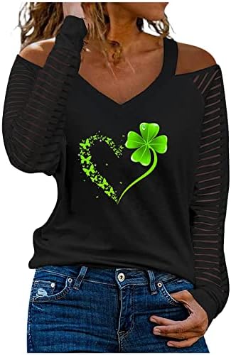 Camisa de Tees do dia de St. Paddy para mulheres quatro folhas de trevo de folhas estampas de coração sexy v pesco