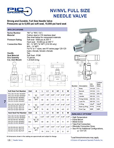 PIC Gauge NV-SS-3/8-HS-180-MXF 316 Válvula de agulha reta de aço inoxidável com assento de serviço hidráulico, 3/8 masculino