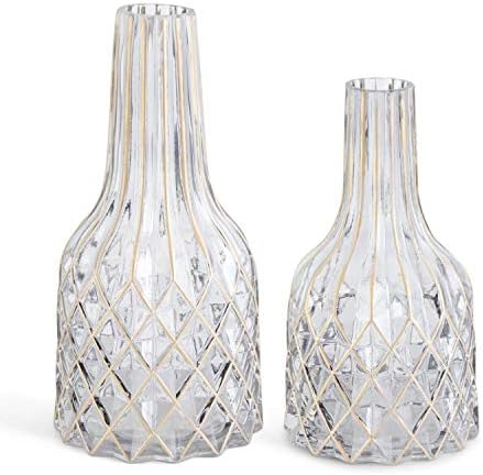 K&K Interiors 16972A Conjunto de 2 vasos de pescoço de garrafa de vidro fumado com padrão de diamante de ouro (grad siz