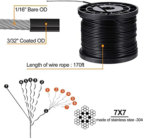 Kit de suspensão de luz de cordas ugarden com aço inoxidável com revestimento de 170 pés 304 corda de arame de tensão,
