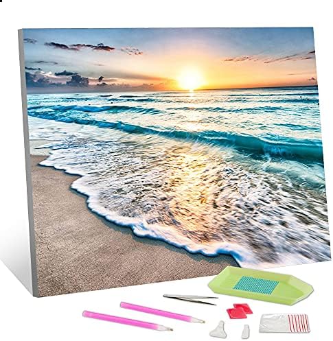 Kit de pintura de diamante de broca completa DIY 5D de praia, pintura ao sol à beira -mar com kits de diamantes,
