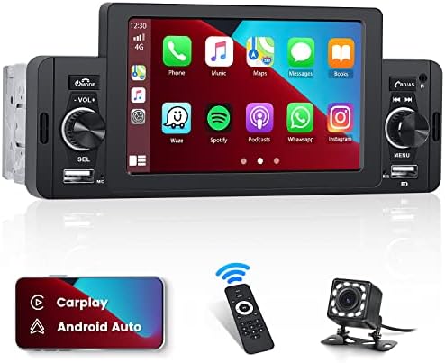 Hikity Single Din Car Séreo com CarPlay Android Auto, Rádio de tela sensível ao toque de 5 polegadas com câmera Bluetooth