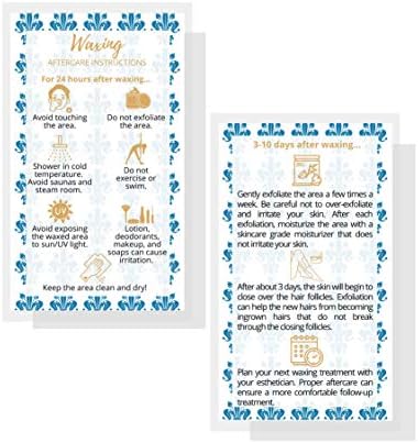 Cartões de pós -tratamento de depilação | 50 pacote | Tamanho de 2 x 3,5 ”Tamanho do cartão de visita | Cartões de kit de pós -tratamento de encerar PMU | Instruções de pós -tratamento Fleur azul com design de ouro