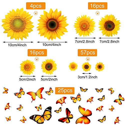 116 peças Remováveis ​​adesivos de parede de girassol em 3D Decalques de parede de borboleta descascam e colarem flores