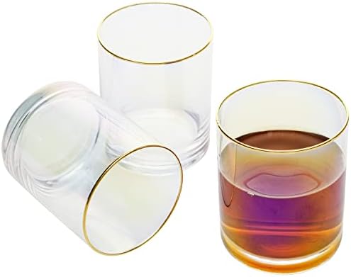 Mygift 15 oz Oz Modern Iridescent Lowball / Rocks Old Modyed Glasses com aro de ouro, conjunto de 6 / bebida de bebida