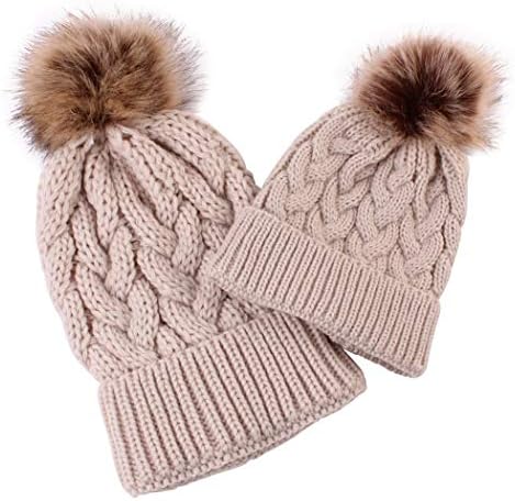Chapéu de gorro para pai-filho, mãe e filha/filho de inverno chapéu quente, tampa de crochê de pom duplo quente de inverno