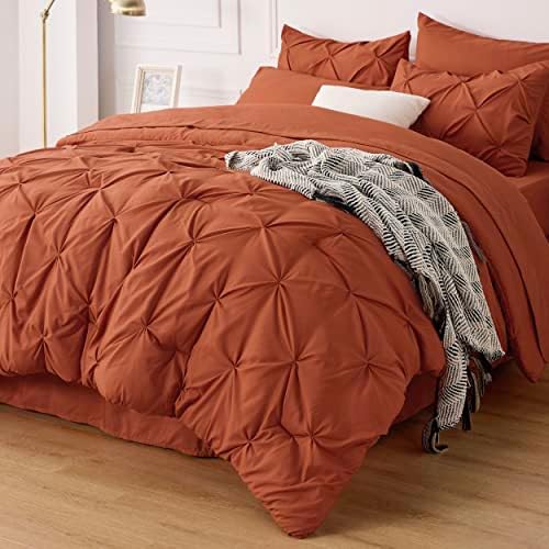 Bedsure Queen Consold Conjunto - Cama em uma bolsa Queen 7 pedaços, conjuntos de cama de pintuck Cama de laranja queimada com edredoms, lençóis, travesseiros e shams