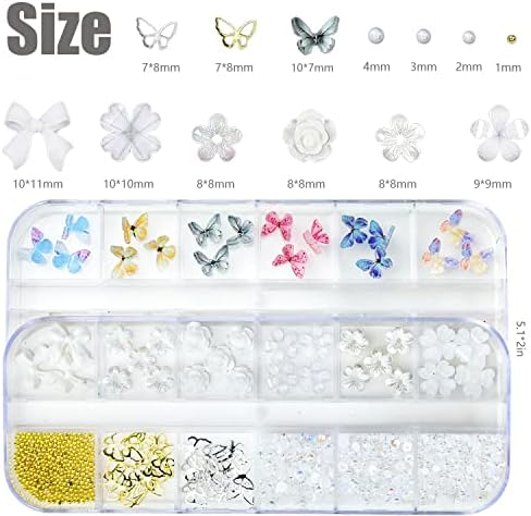 3D Acrílico Butterfly Charms e resina de resina de flores Conjunto de decorações de arte, encharms de unhas de metal dourado para pérolas para arte de unhas diy