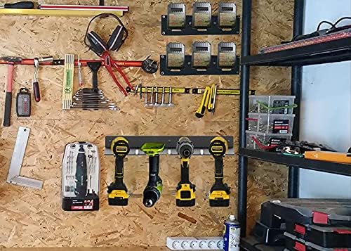 Organizador da ferramenta elétrica SZWJT-LV, rack de armazenamento elétrico de perfuração, segura 4 exercícios, organizador de parede pendurado para garagem, casa, oficina, galpão…