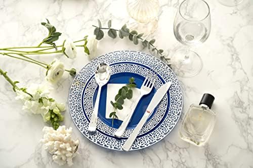 Fomoica Royal Blue Prata Placas de plástico e talheres - 125 PCS Conjunto de jantar de plástico premium disposto - Placas