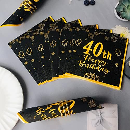 Guardanapos de coquetel de pacote de changcao40 40º aniversário, guardanapos de festas de aniversário descartáveis ​​pretos e dourados para homens e mulheres de 40 anos.