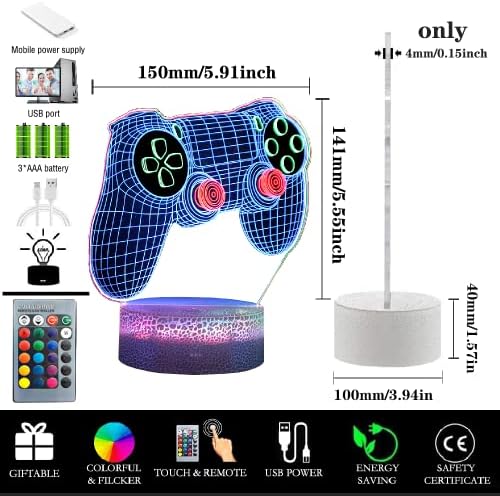 Joystick Game Over 3D Illusion Lamp, Gamepad Night Light com Timing controle remoto RGB Alteração de cor Lâmpada