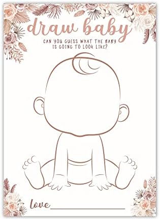 Desenhe jogos de chá de bebê, menino ou gênero, jogo de festas de gênero - suprimentos de atividades de festa do chá de bebê - você consegue adivinhar como será o bebê? Tema Floral Boho 30 Cards/DrawBaby-005
