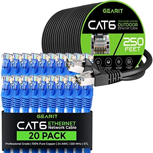 Gearit 20pack 5ft CAT6 Ethernet Cable & 250ft CAT6 CABO