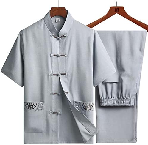 Roupas chinesas tradicionais Conjunto de roupas para homens, Tai chi kung Fu uniformes de linho bordados de manga curta bordados de trajes chineses