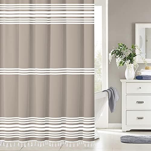 Cortina de chuveiro bege da temporada de madeira cortina de chuveiro listrada moderna com borlas 72 x 72 polegadas neutras em cortinas de chuveiro impermeável para banheiro