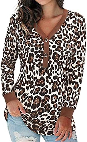 Manga longa do Womens V Botão de pescoço Henley Camo Leopard Ladies Tops casual Blusa de túnica solta Camiseta de camisa