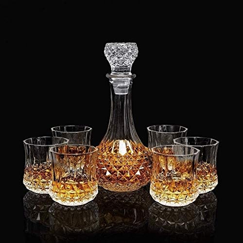 Depila Whisky Decantador Whisky Decanter e óculos Conjunto de uísque de cristal de 600 ml com 6 óculos de uísque 300ml, para vodka de licor de uísque escocês, decantadores de bebidas alcoólicas, sobriedade
