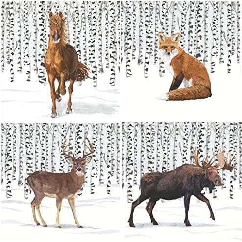 Solstício de inverno Wilderness Wilderness Cocktail Beverage Guardips Pacote de variedade | O pacote inclui 80 guardanapos totais de papel | 4 diferentes desenhos de animais selvagens: Moose Stag Horse Fox
