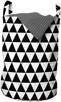 Bolsa de lavanderia geométrica de Ambesonne, estilo grunge contínuo triangular espalhado em um fundo simples, cesta de cesto com alças fechamento de cordão para lavanderias, 13 x 19, cinza -carvão e branco