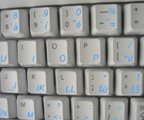 Decalques de teclado tcheco em fundo transparente com letras azuis, vermelhas ou amarelas