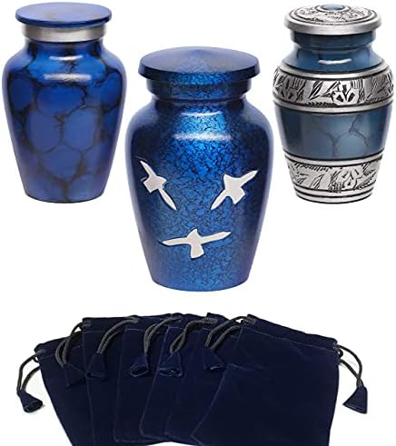 Memória Eterna Conjunto de Ketake de 6 pequenas urnas de cremação para cinzas humanas, com sacos de caixa e veludo - mini enterro funerário 6 azul, ouro