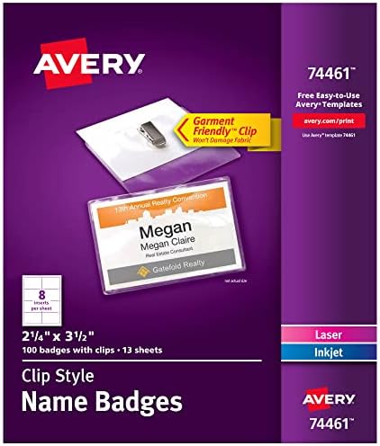 Averty Clip Name Badges, Print ou Write, 2,25 x 3,5, 100 inserções e portadores de crachás com clipes