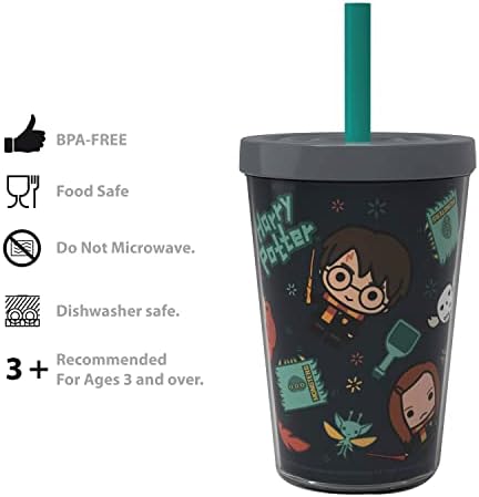 Zak projeta 13oz Harry Potter Filme Double Wall Tumbler com tampa e palha, feitos de plástico resistente à quebra