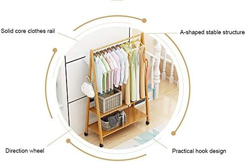 ZJDU Casat Rack, Rack de vestuário de bambu, roupas de vestuário de roupas de vestuário Bamboo Casaco de madeira com rodas 4 ganchos laterais Prateleiras de armazenamento de 2 camadas para roupas de sapato de bolsas, 60 × 45 × 165cm