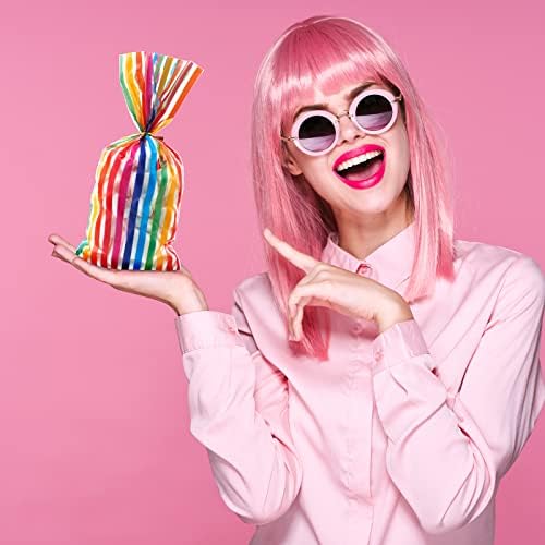 180 PCs Rainbow Celophane Candy Bags Stripes Heart Pried Goodie Bags com 200 laços Bolsas de biscoito de festas de