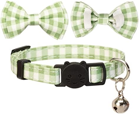 Gyapet Cat Collar com Bell Girl Girl Kitten tie bow tie de segurança Segurança Breakawe Plaid Color Gift Set Spring Pink fofo [2pcs] Verde