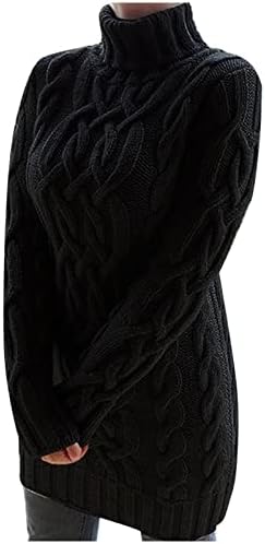 Suéteres longos elegantes femininos de manga longa casual, gola alta de gola alta suéter de malha