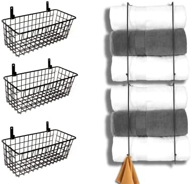 2 Set toalhas de toalhas de toalhas, prateleira de toalha de metal montada na parede com ganchos, 3 cestas de arame suspensas, cesta