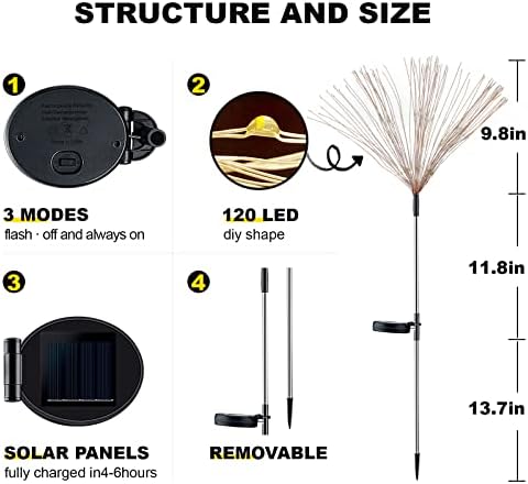 2 PCs Luz de fogos de artifício solar, luzes decorativas de jardim solar ao ar livre 120 LED alimentado 40 fios de cobre