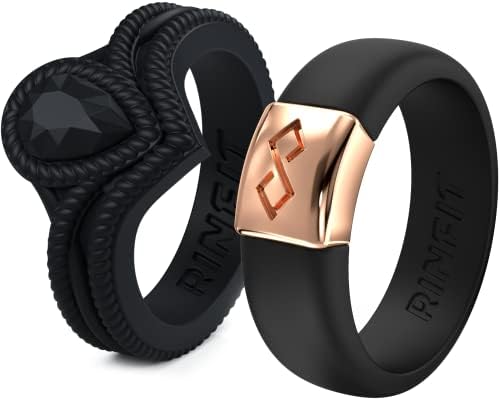 Rinfit 2 Anéis de casamento para mulheres, tamanho 6 - Bandas de casamento de silicone Women - Black Pear and Black Metalnfinity Collection