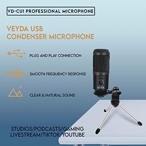 Microfone USB, Microfone de gravação de condensador de metal Veyda para vocais de gravação de estúdios de laptop MAC ou Windows