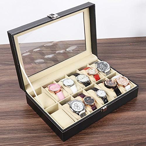 Caixa de relógio de couro de slot hedume 12 organizador de estampa com tampa de vidro emoldurada contraste elegante