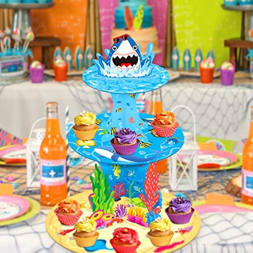 Ocean Mar de Bolo de 3 camadas Stand Mermaid Shark Fish Peixe Decorações de festa suprimentos de papelão de cupcake para crianças meninos adolescentes sob a festa de aniversário de aniversário do mar, suprimentos de chá de bebê