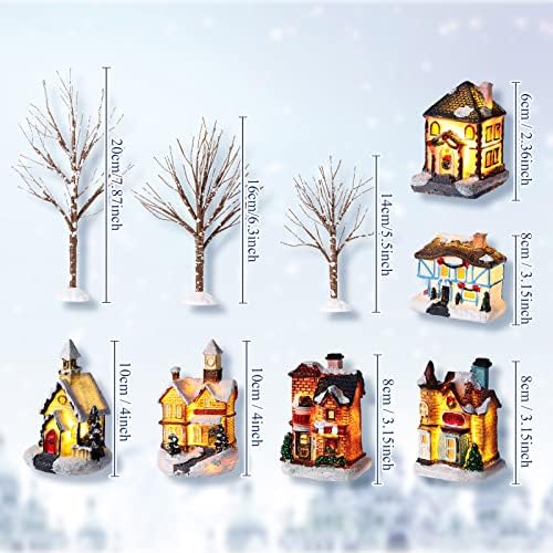 Yalikop 12 PCs Village Christmas Village Definir árvores de ramificação nua e uma casa em miniatura Light Lights Town Scens