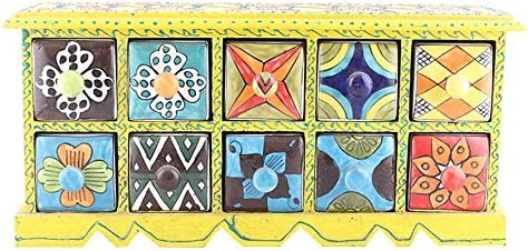 IndianShelf 1 peça Vocalforlocal Handmade Multicolor Wooden Wooden 10 gaveta Padrão floral Spice Box Temuante Masala Organizer Rack