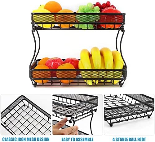 Inureye 2 cesta de frutas de camada para balcão, cesta de frutas de metal stand destacável portador de frutas pão cesta de armazenamento de vegeta