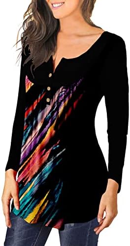 Camisas da túnica da moda feminino tampos e blusas henley manga longa botão de camiseta camisada casual tees plissados