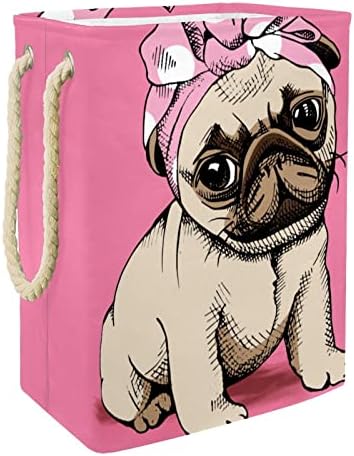 Funy Pug Puppy Puppy Dog Makeup Leundry Basket Storage Sacos embutidos com suportes destacáveis ​​cesto de roupa dobrável