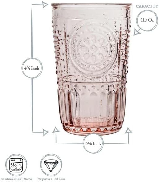 Conjunto romântico de Bormioli Rocco de 6 copos de copos, 11,5 oz. Vidro de cristal colorido, algodão doce rosa, feito na Itália.